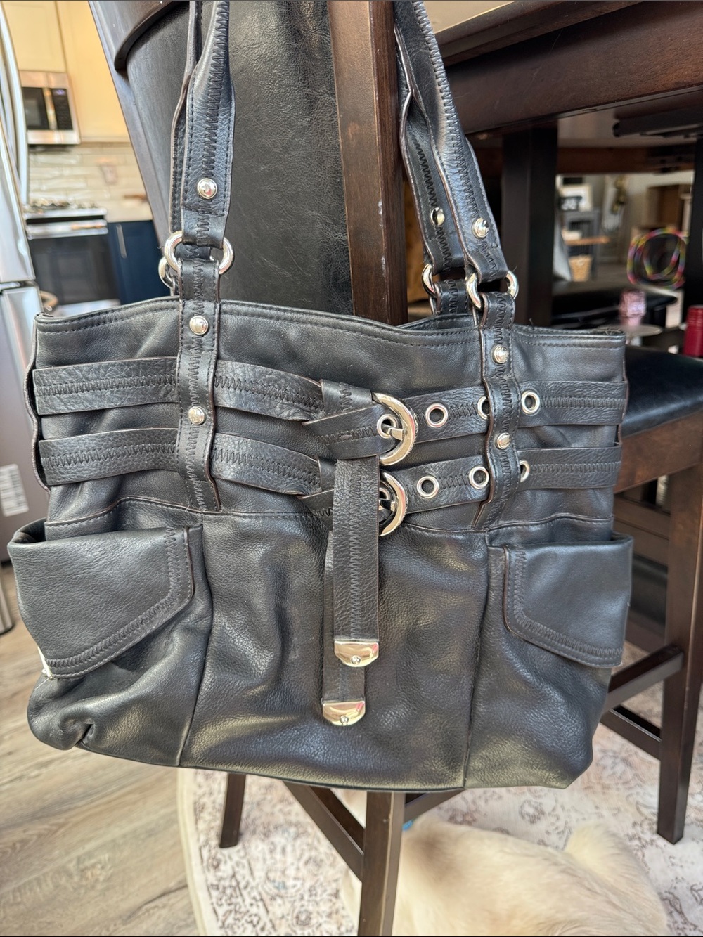 b. makowsky Black Leather Shoulder Tote with Buckle Accent
